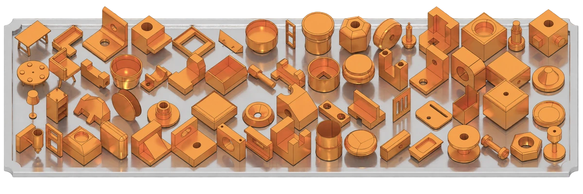A collection of gold-colored generated B-rep models